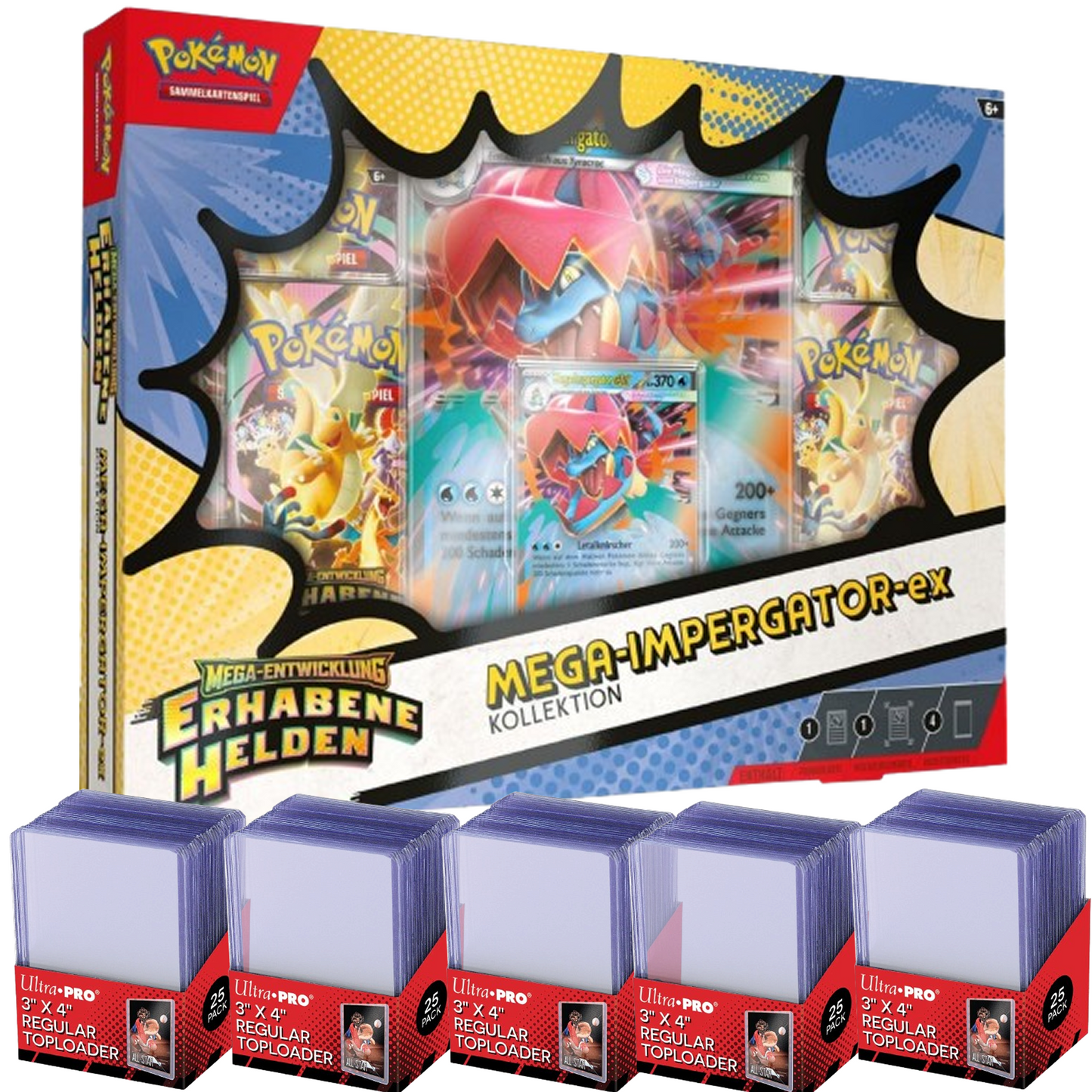 Bundle: Erhabene helden Mega Impergator ex Kollektion + 5x Ultra Pro Toploader