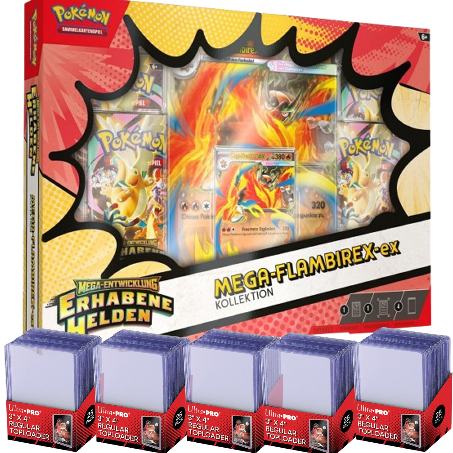 Bundle: Erhabene helden Mega Flambirex ex Kollektion + 5x Ultra Pro Toploader