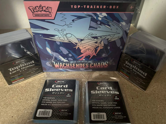 Wachsendes Chaos Top Trainer Box + 2X BCW Soft Sleeves + 2X BCW Toploader 3 x 4" (White Border)